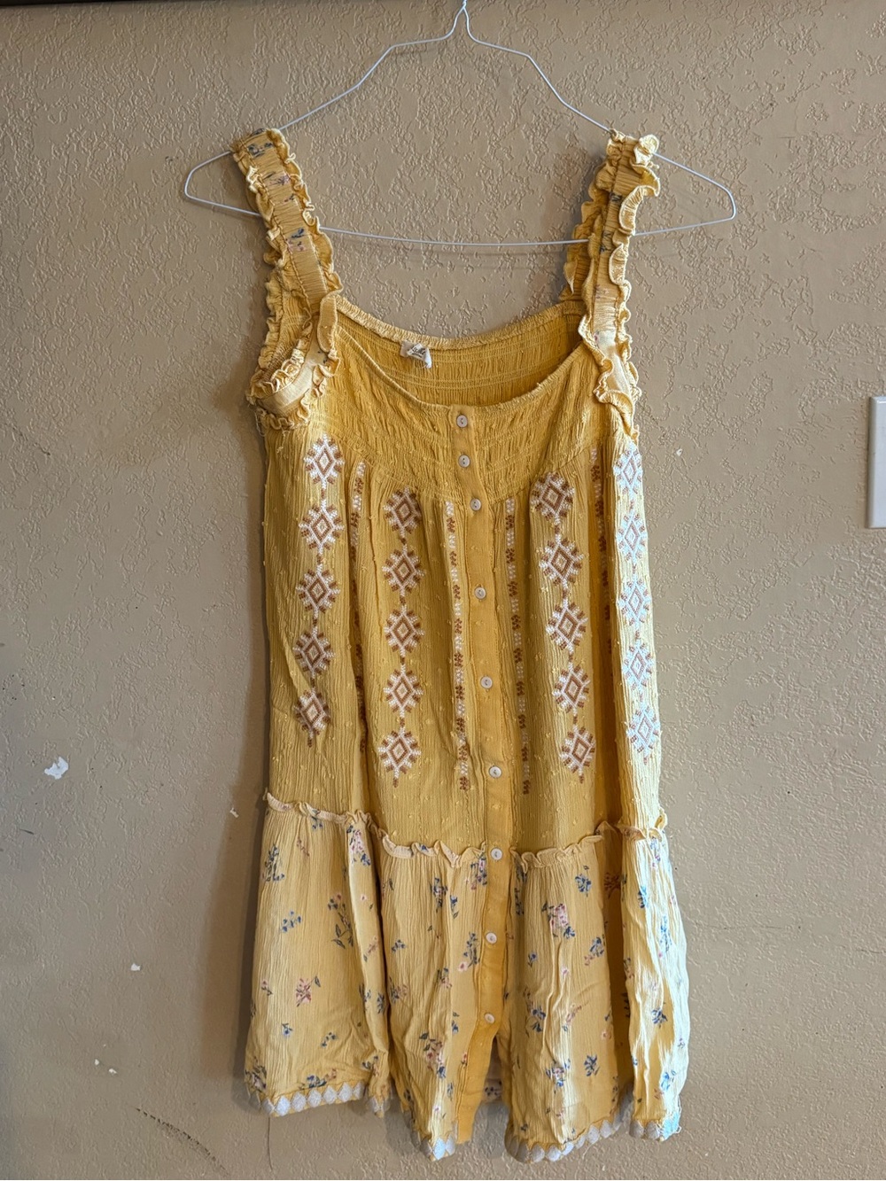 Miss Me Yellow Embroidered Ruffle Strap Mini Dress